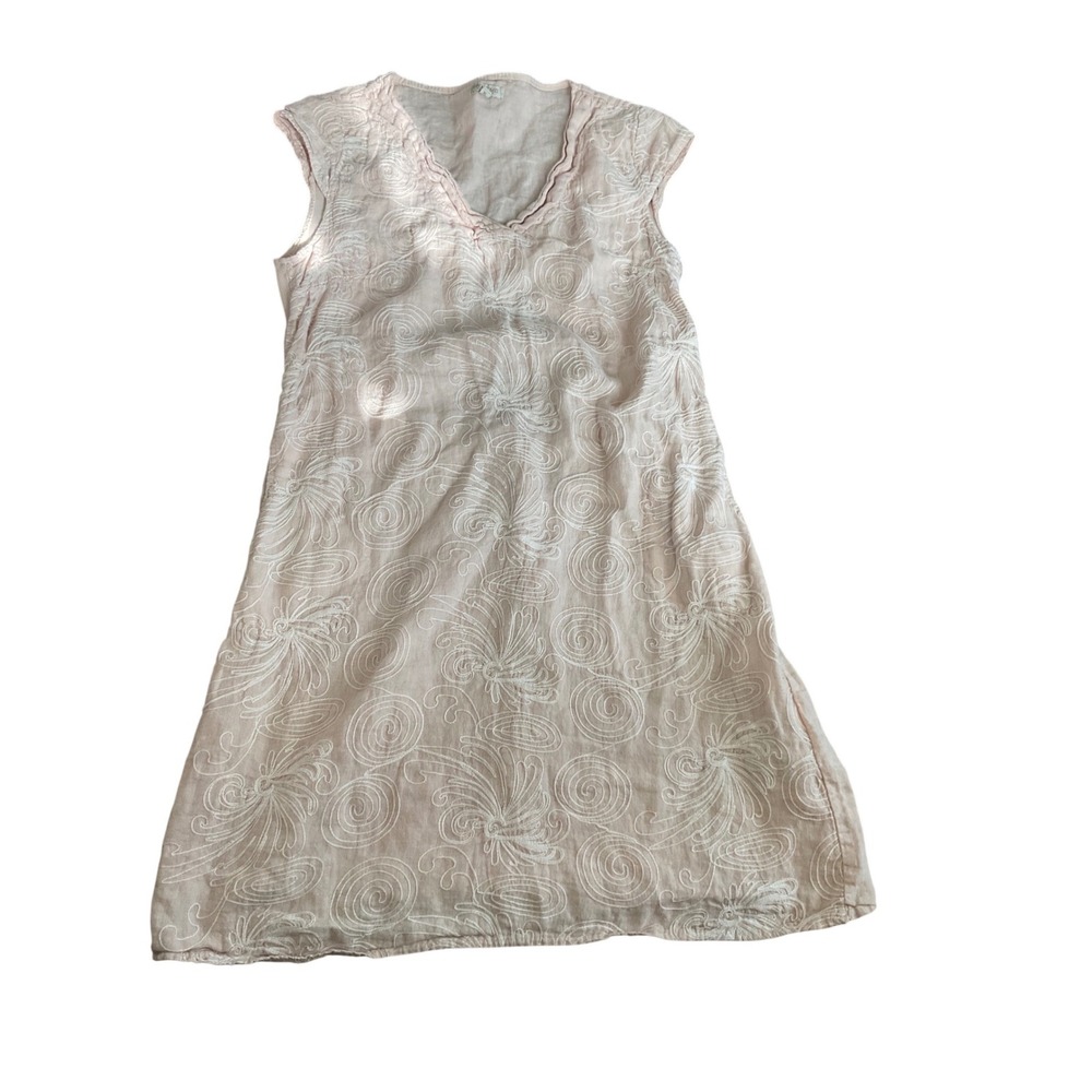 Made in‎ Italy Pink Linen Embroidered V-Neck Sleeveless Shift Dress Womens XL